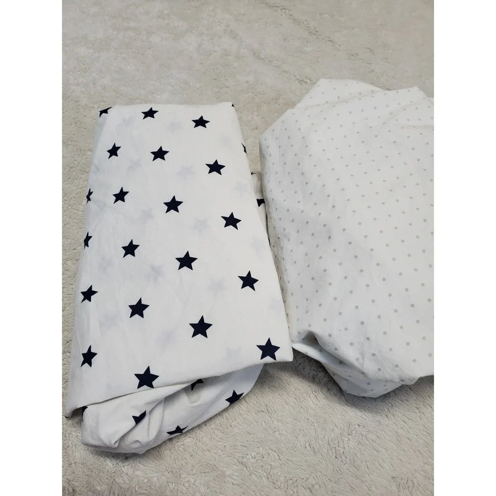Pottery Barn Kids White Blue Stars Gray Polka Dot Crib Fitted Sheet Pair Unisex